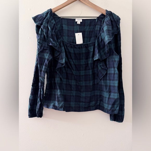 J.Crew Factory Women's Black Watch Tartan Flannel Squareneck Ruffle top NWT - Picture 2 of 7